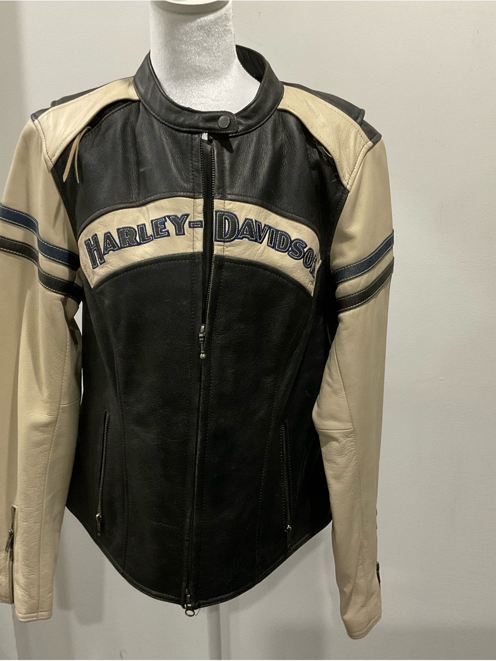 Harley-Davidson Black and Cream Leather Moto Jacket with Navy Trim